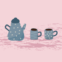 Blue Teapot with blue cups. Flat vector illustration in cartoon style on a pink background. Decorative design elements. Time to drink tea and coffee .  