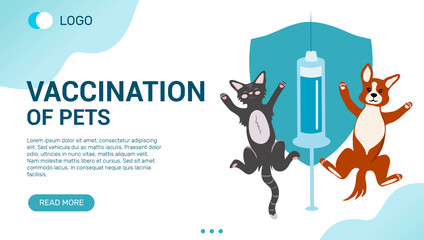 Web page template of Vaccination of pets.  Happy dog and cat around a syringe and large shield.  Vector banner template for veterinary clinic.