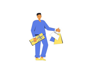 Young man with shopping bags. Boy standing and holding his purchases.