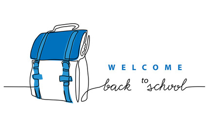 Back to school simple vector schoolbag banner, poster, background. One continuous line drawing with lettering back to school