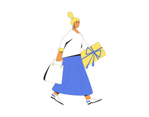 Young woman with shopping bags. Female person walking with her purchases.