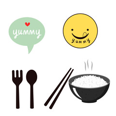 Rice bowl, chopsticks, spoon, fork, bubble speech and yummy face icons isolated on white background vector.