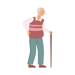 Tired old man, elderly unhealthy male character with walking stick.