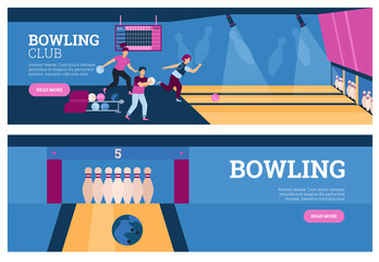 Naklejka premium Bowling banners with game pins and ball and people, flat vector illustration.