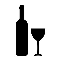 Icon of wine bottle and gless. Shape of traditional bottle of wine and glassware. Vector Illustration