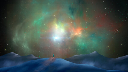 Cute small girl in blue dress walking on mountain landscape in colorful space nebula with stars. Elements furnished by NASA. 3D rendering