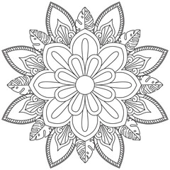 Simple Mandala Circle Coloring Book Pages For Adult Children Indian Antistress Medallion White Background Black Outline Vector illustration
