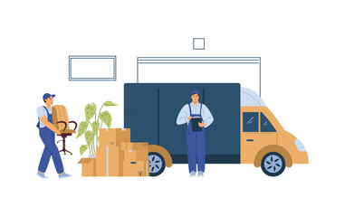 Moving company loaders or movers loading van, flat vector illustration isolated.