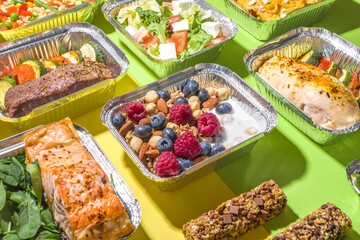 Healthy catering menu, courier food delivery lunch boxes. Beef steak meat, chicken filet , fish and vegetables in packages. Daily meal diet plan delivery , take away containers, online order concept