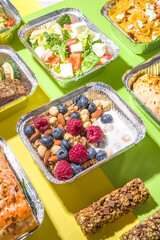 Healthy catering menu, courier food delivery lunch boxes. Beef steak meat, chicken filet , fish and vegetables in packages. Daily meal diet plan delivery , take away containers, online order concept