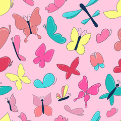 cute light butterflies and dragonflies with colored wings in flight, vector seamless pattern in flat style on pink background