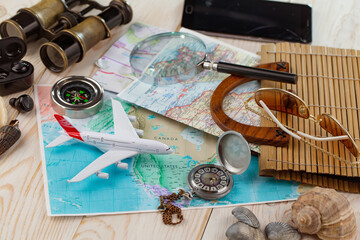 Items for rest and travel in composition on the table.