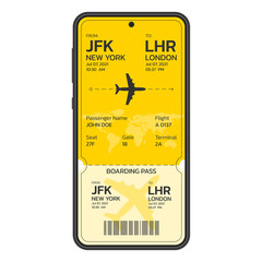 Plane ticket on the smartphone screen. Mobile boarding pass. Online, electronic airline ticket. Modern flight card blank design with the airplane. Air travel or trip concept. Vector illustration.