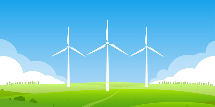 Wind turbines on a green field. Nature landscape with windmills. Renewable energy generation with wind power. Vector illustration.
