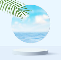 white podium display with palm tree shadow for product presentation, summer blue sky background. product presentation, mockup Podium, stage pedestal or platform. 3d vector