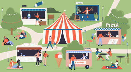 Fototapeta Summer food market festival map, city fair in green park vector illustration. Cartoon happy family with kids, teen friends and couple characters walking, buying food, sitting together background obraz