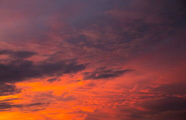 Beautiful dramatic sky. Sunset or sunrise time. Amazing purple clouds. Soft focus photo.