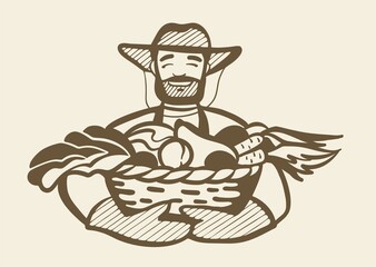 A strong man holds a basket with a harvest of vegetables. Farmer in a hat, the logo is black and white. Vector illustration