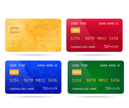 set of colored credit cards with different designs. golden unlimited