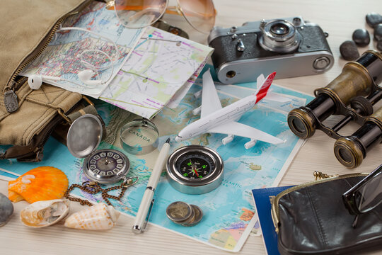 Items for rest and travel in composition on the table.