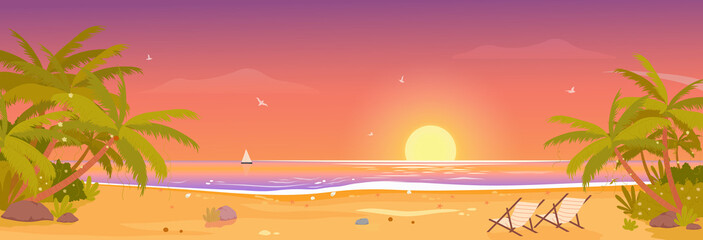 Sunset on tropical beach, tropic paradise vacation wide panorama landscape vector illustration. Palm trees, resort lounges on sand, setting sun on on water waves in summertime scenery background - obrazy, fototapety, plakaty