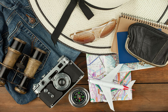 Items for rest and travel in composition on the table.