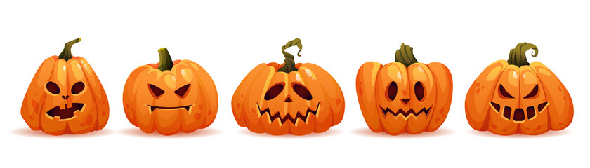 Evil and kind facial expression of halloween pumpkins, isolated faces with bad and good emotions. Carved mouth and eyes, personage made of autumn vegetables. Realistic cartoon character vector