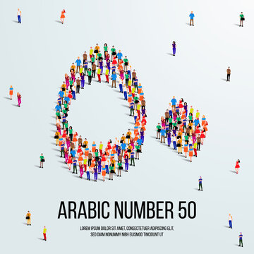 large group of people form to create the number 50 or Fifty in Arabic. People font or Number. Vector illustration of Arabic number 50.
