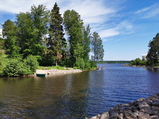 The strait of Vyborg Bay between the island with a grotto and the peninsula with the temple of...