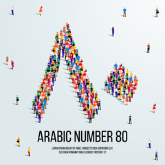 large group of people form to create the number 80 or Eighty in Arabic. People font or Number. Vector illustration of Arabic number 80.