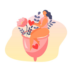 vector illustration on the theme of the menstrual period. a menstrual cup in which a girl with a heart and flowers sits. trend illustration in flat style