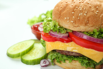 Concept of tasty food with delicious burger