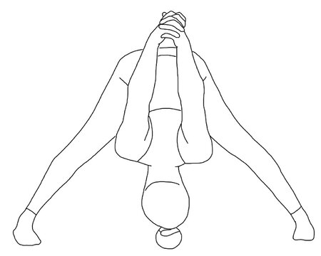 yoga, prasarita padottanasana C, wide legged forward fold pose with hands interlaced