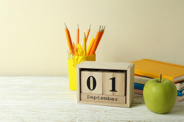 September 1 concept on white wooden table