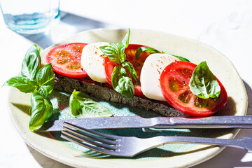 Caprese sandwich on white marble background. Toast with mozzarella, tomato and basil.
