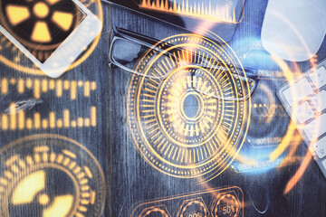 Multi exposure of technology theme drawing over table with phone. Top view. Concept of hightech.