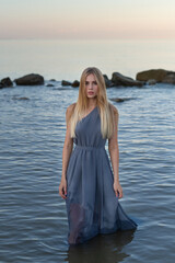 Fototapeta na wymiar beautiful girl in a gray dress by the sea at sunset