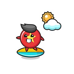 Illustration of vietnam flag badge cartoon do surfing on the beach