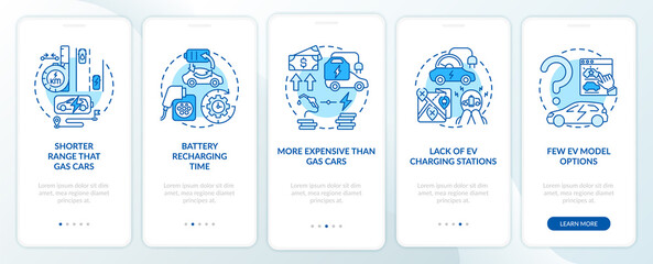 EV disadvantages onboarding mobile app page screen. Future transport lacks walkthrough 5 steps graphic instructions with concepts. UI, UX, GUI vector template with linear color illustrations