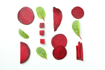 Chopped ripe red beet on white background