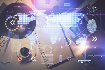 Double exposure of map sketch and table top veiw. Concept of international data.