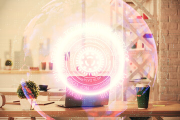 Double exposure of tech theme drawings and office interior background. Technology concept.