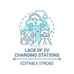 Eco car charging stations lack concept icon. EV disadvantages abstract idea thin line illustration. Infrastructure improvement. Vector isolated outline color drawing. Editable stroke