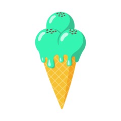 Mint melting ice cream in waffle cone with chocolate chips on top. Flat style Isolated vector illustration