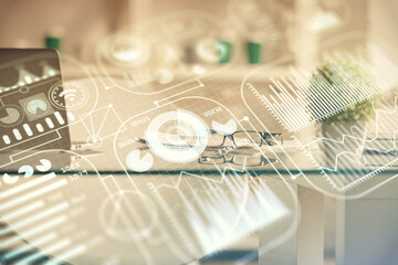 Double exposure of tech theme drawings and office interior background. Technology concept.