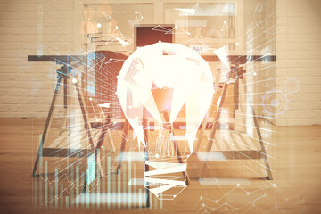 Double exposure of bulb and office interior background. Concept of idea.