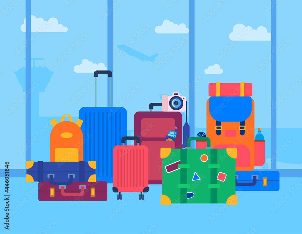 Wall mural Cartoon Color Different Tourist Travel Suitcases Set. Vector