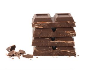 broken black chocolate with pieces isolated on white background. Dessert bar of chocolate