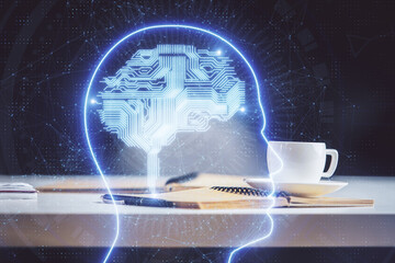 Double exposure of brain drawing and desktop with coffee and items on table background. Concept of research.