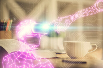 Double exposure of vr glasses drawing and desktop with coffee and items on table background. Concept of Augmented reality.